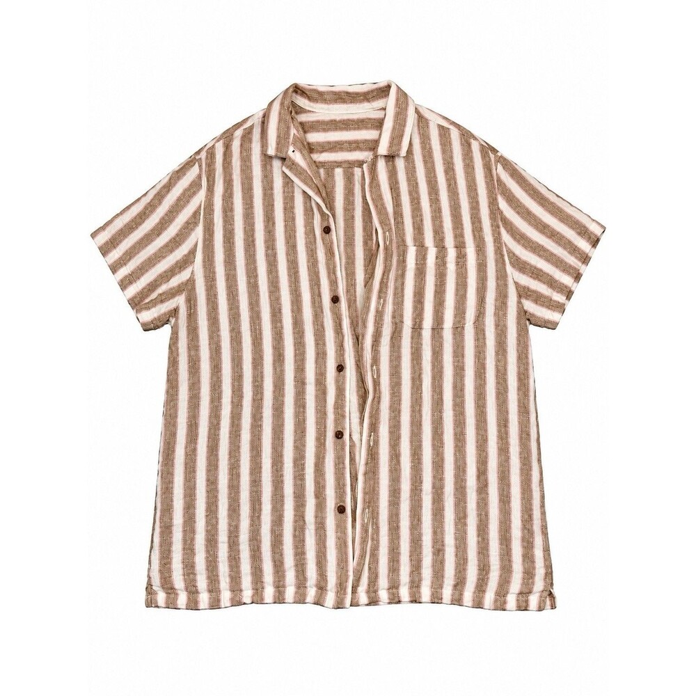 Faherty Palma 100% Linen Striped Camp Collar Shirt Brown Cream Short Sleeve L